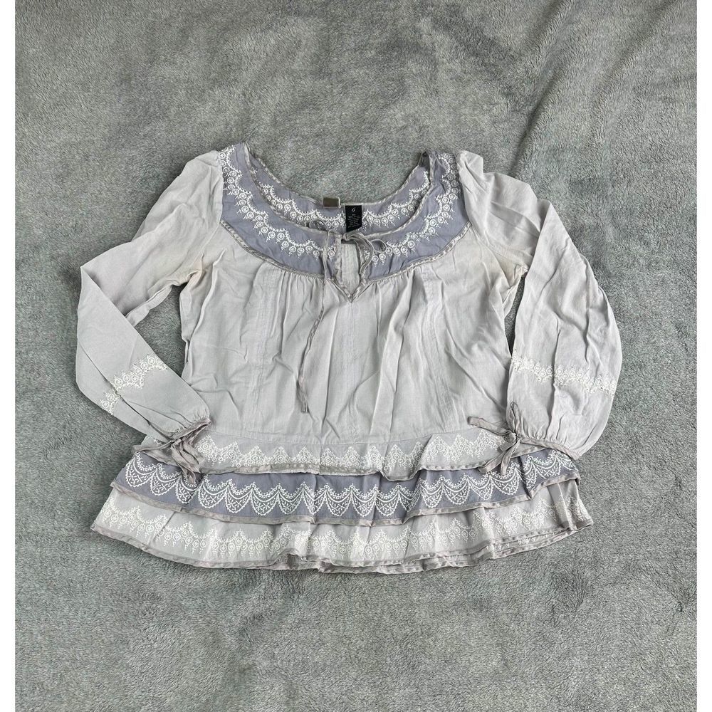 Lithe Anthropologie Embroidered Top Blouse Long Sleeve Keyhole Boho Size 6 Gray